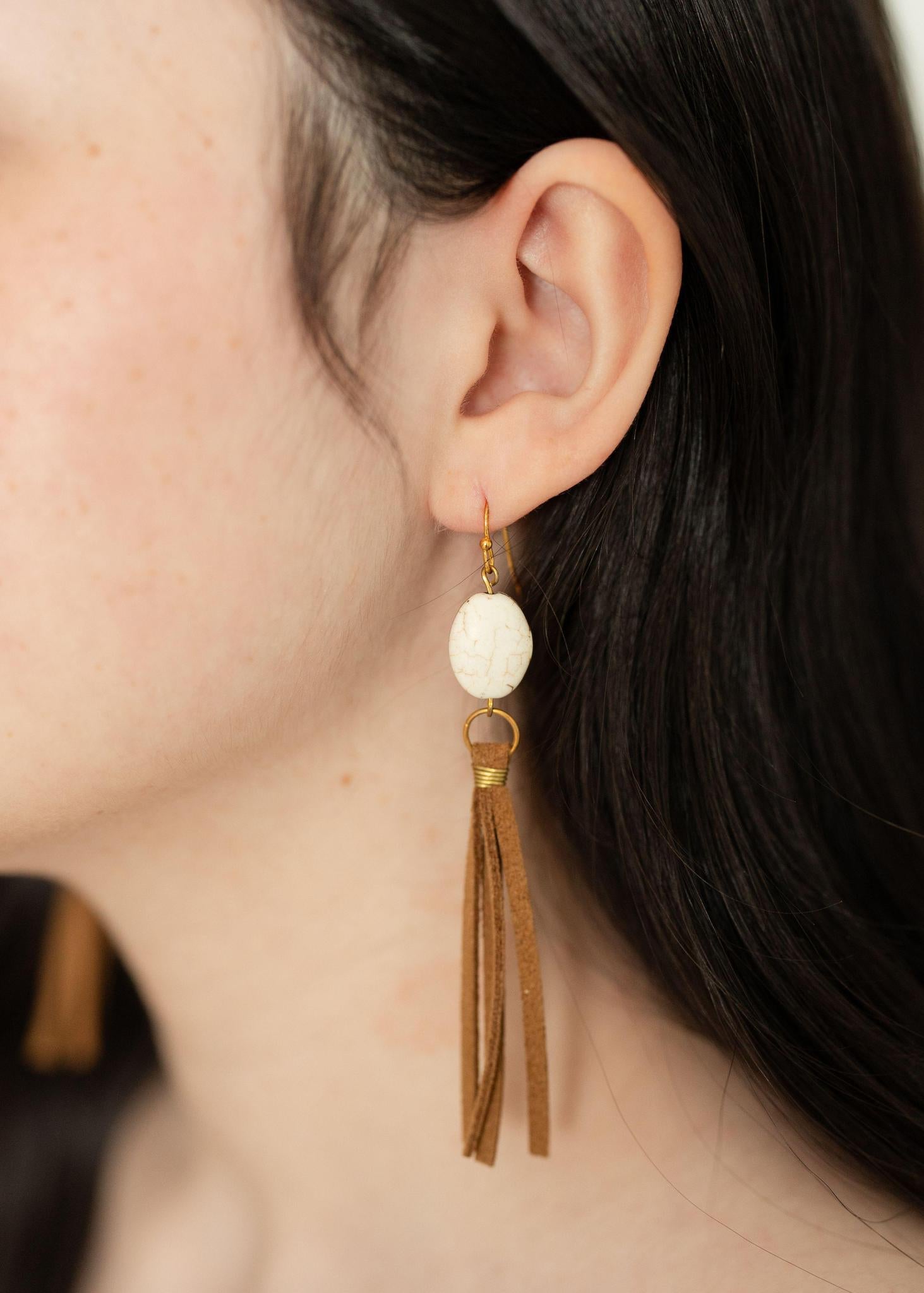 Ivory Oval Leather Tassel Earrings