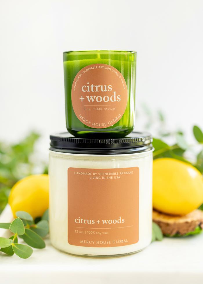 Citrus + Woods Candle | 3 oz Glass Jar - Mercy House Global