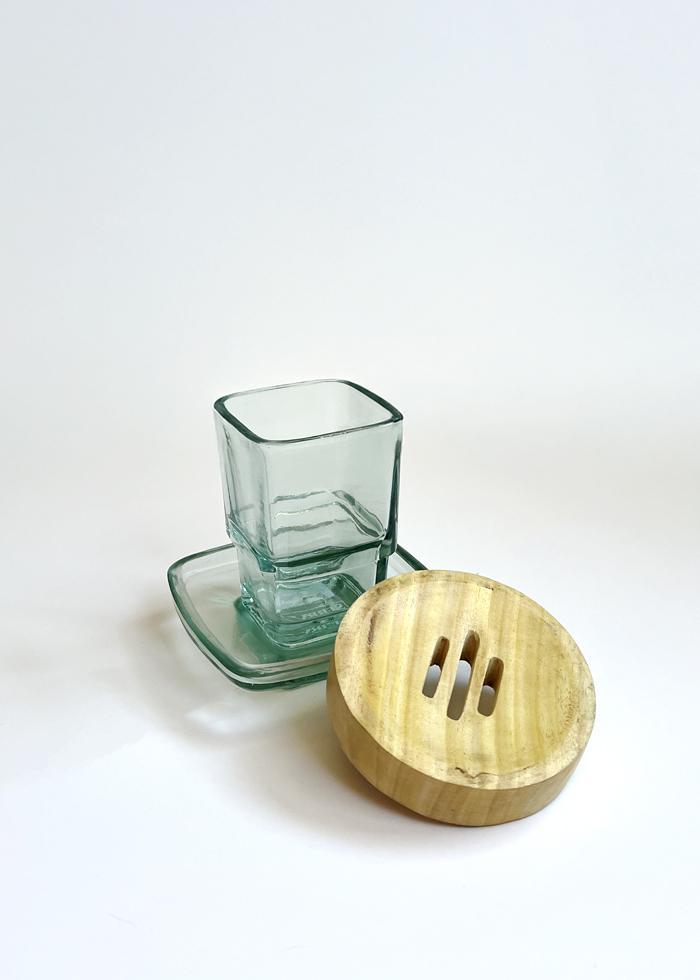 Teal Glass Bathroom Tray and Cup + Wooden Soap Saver - Mercy House Global