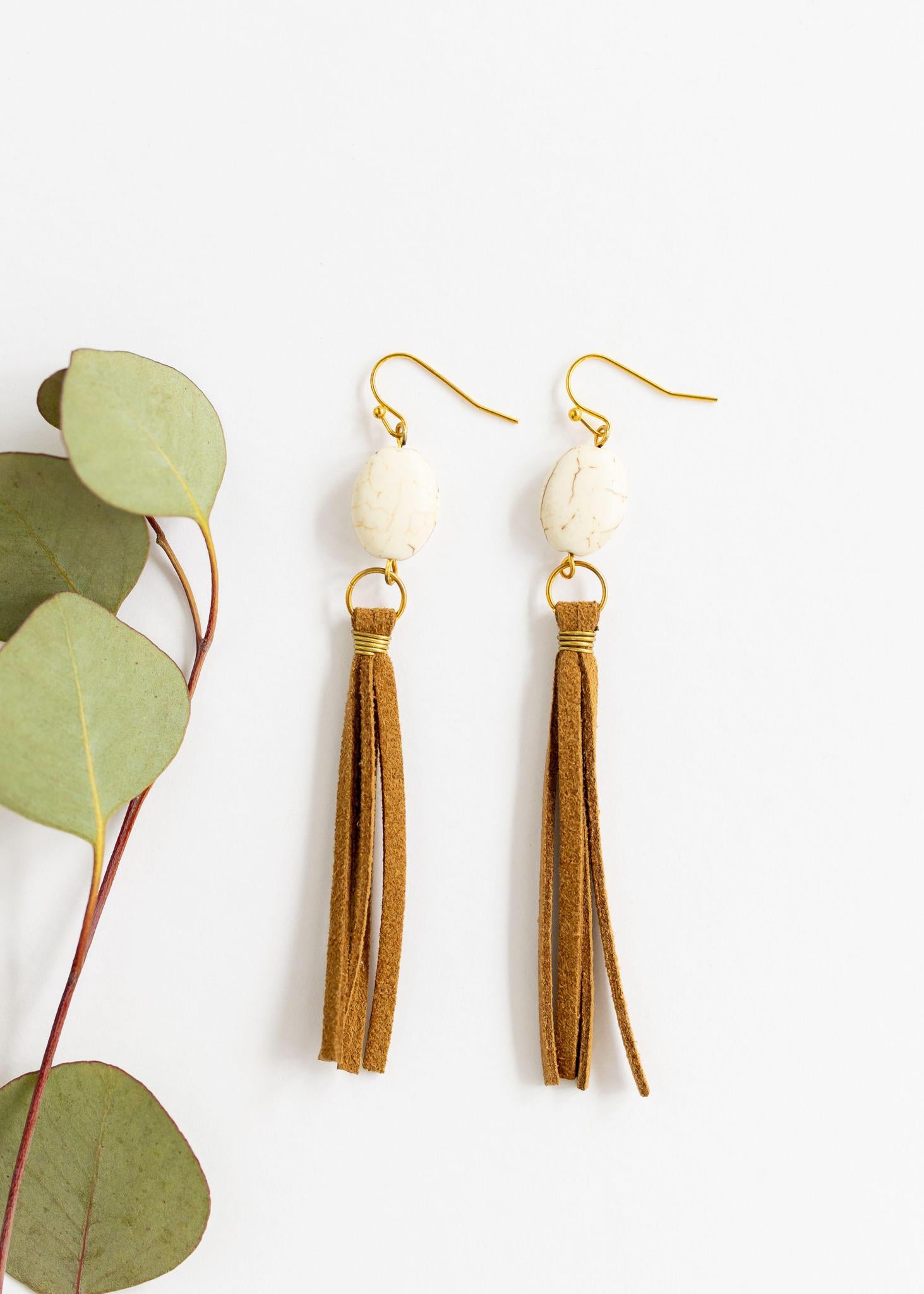 Ivory Oval Leather Tassel Earrings