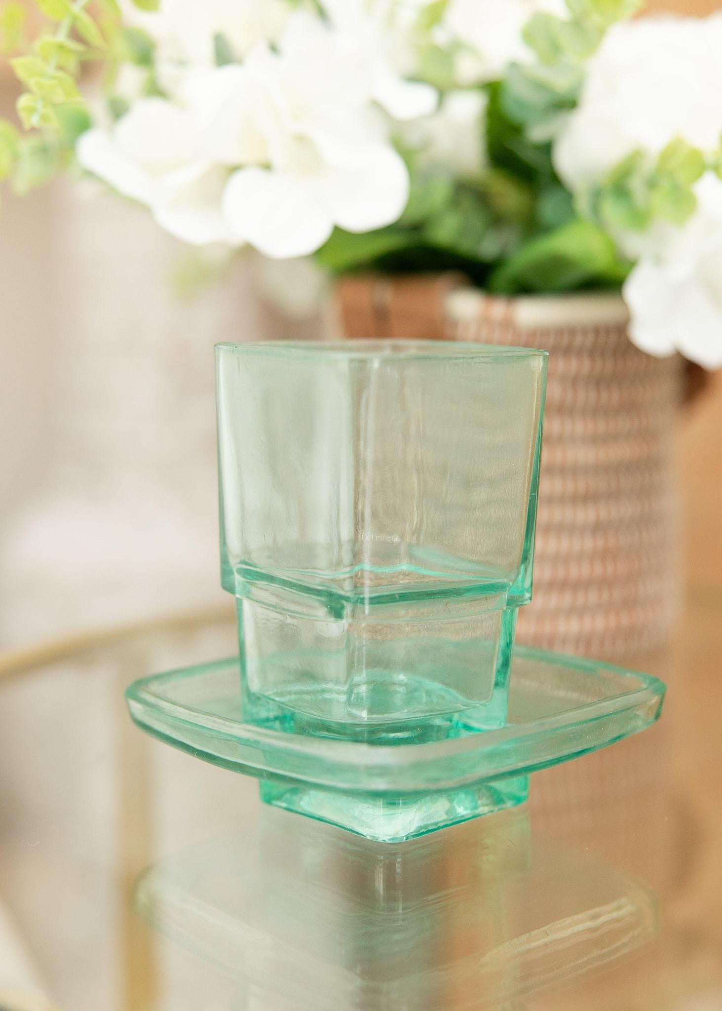 Teal Glass Bathroom Tray and Cup