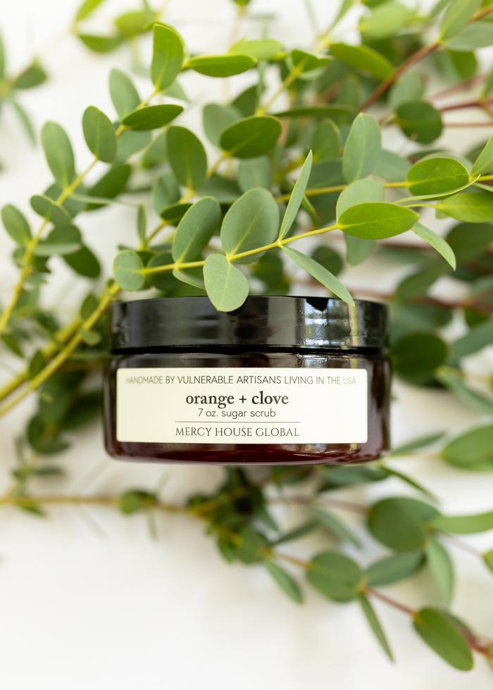 Orange + Clove | 7oz Sugar Scrub in Apothecary Jar + Spoon - Mercy House Global