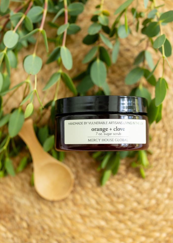 Orange + Clove | 7oz Sugar Scrub in Apothecary Jar + Spoon - Mercy House Global