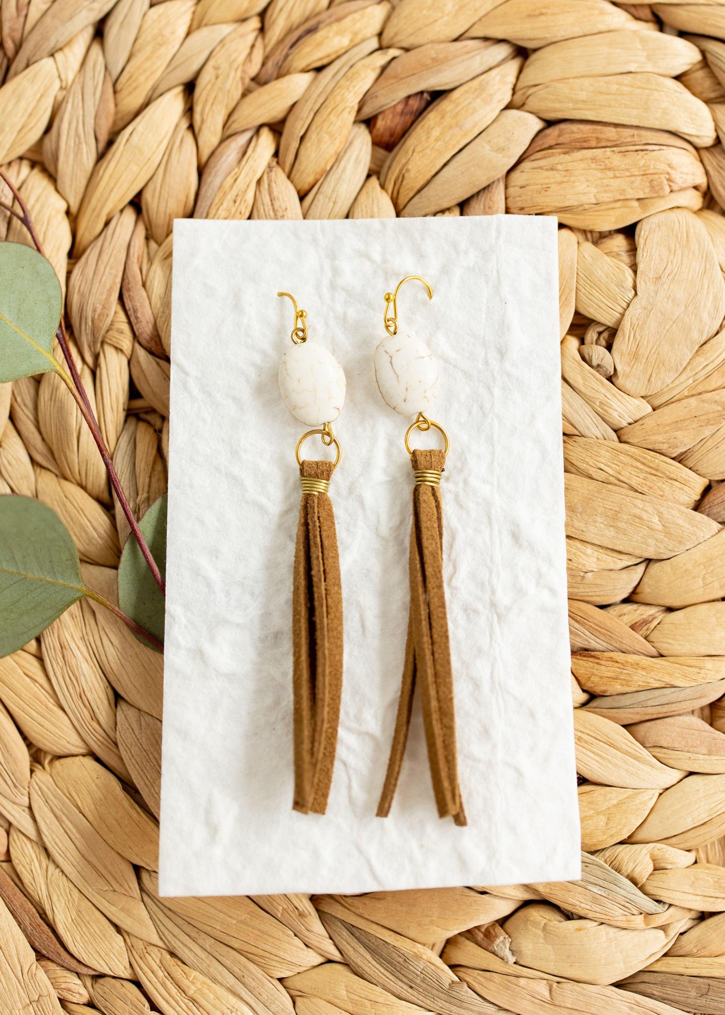 Ivory Oval Leather Tassel Earrings