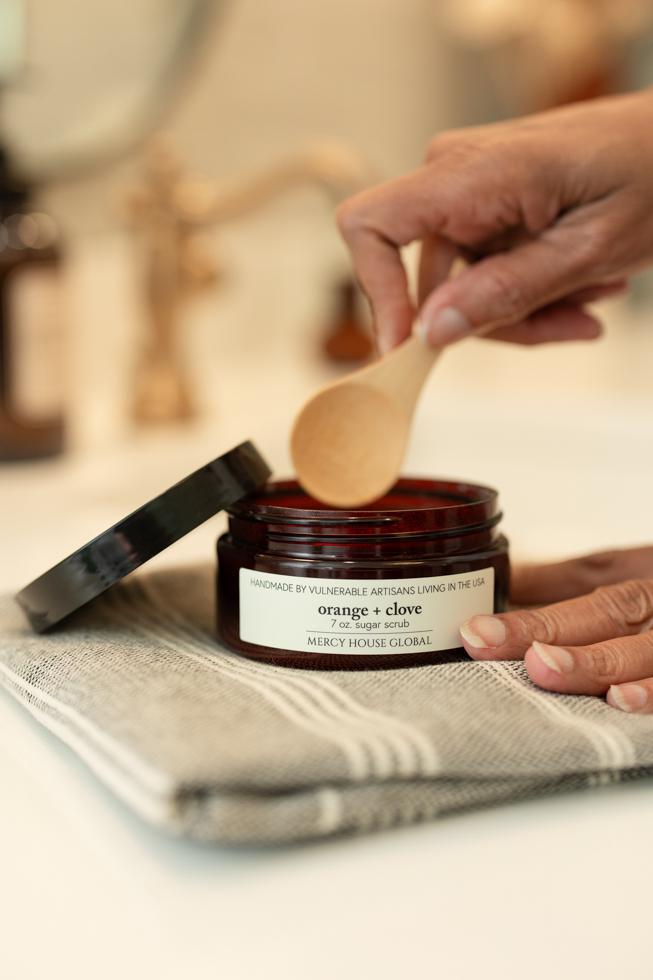 Orange + Clove | 7oz Sugar Scrub in Apothecary Jar + Spoon - Mercy House Global