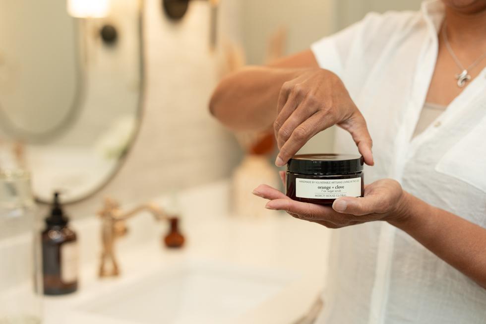 Orange + Clove | 7oz Sugar Scrub in Apothecary Jar + Spoon - Mercy House Global