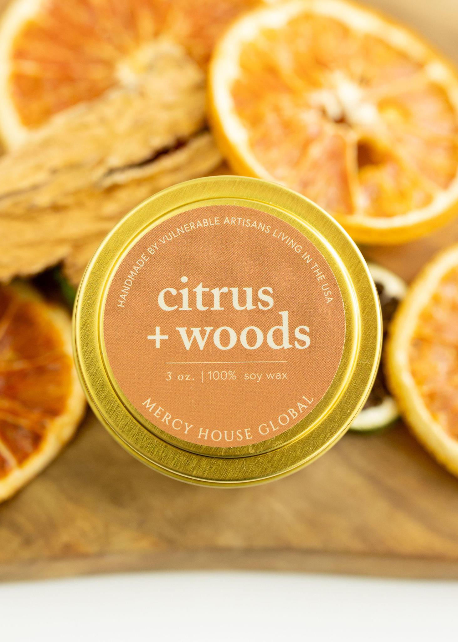 Citrus + Woods Candle | 3 oz. Tin - Mercy House Global