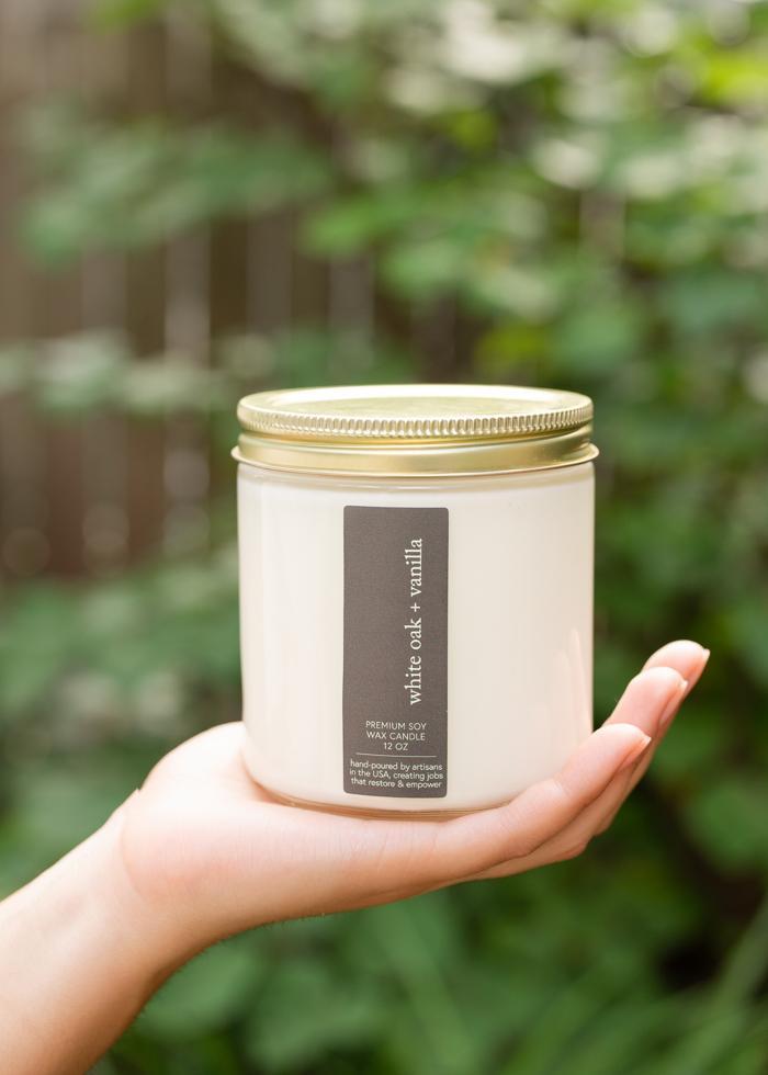 White Oak + Vanilla Candle | 12 oz Glass Jar - Mercy House Global