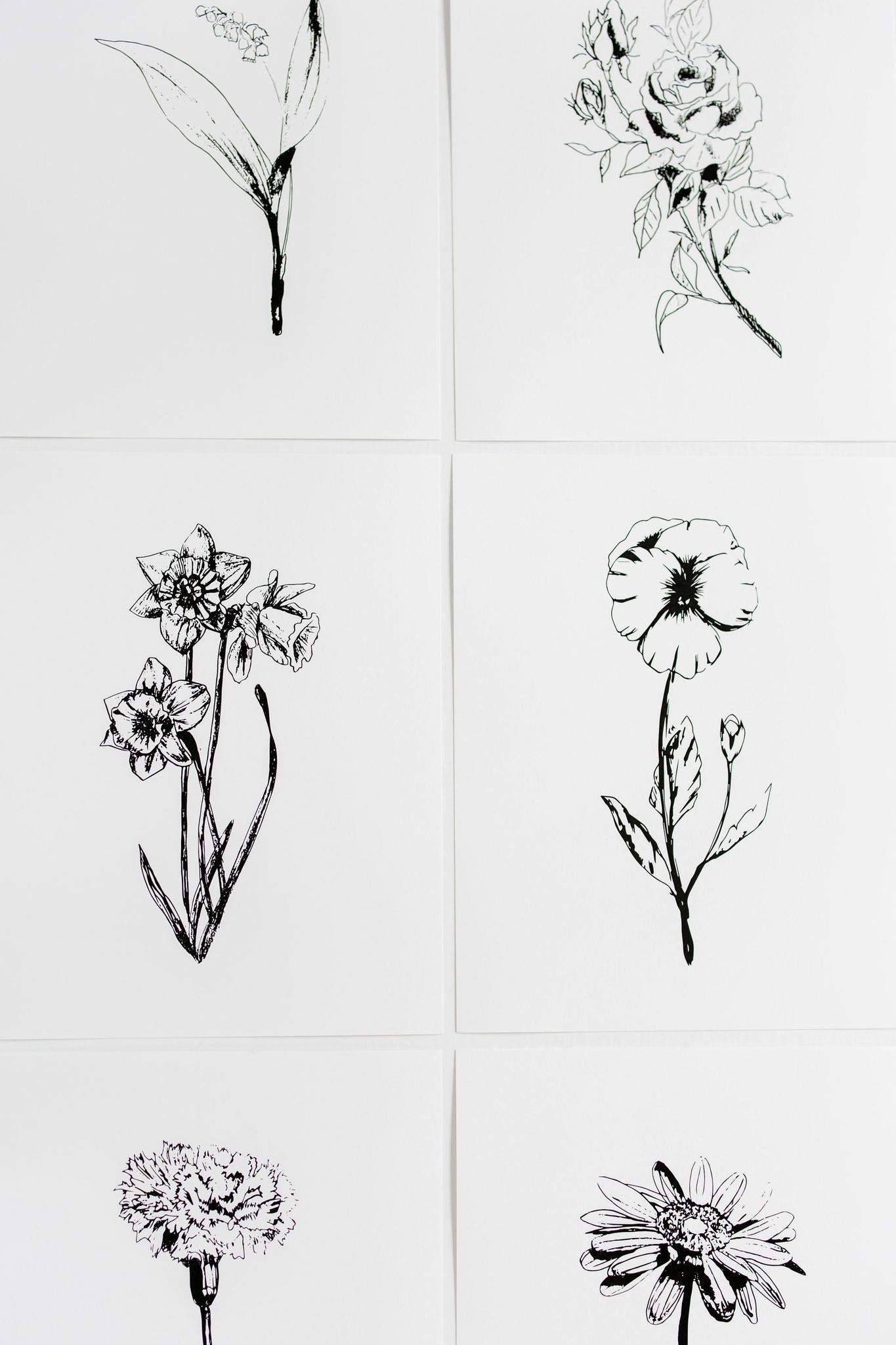 Black & White Flower Prints | Set of 12